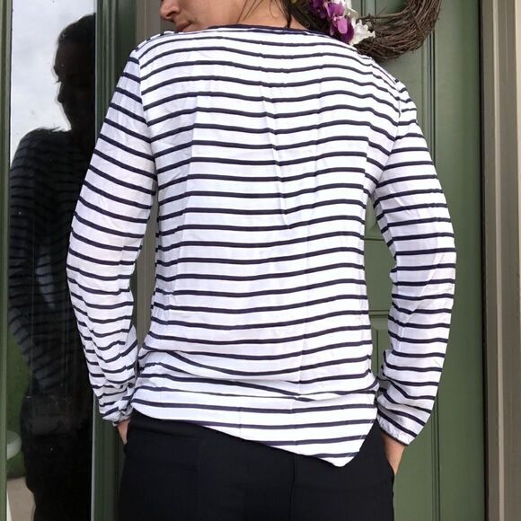Zara Basic White Navy Striped Long Sleeve Blouse - Picture 3 of 5